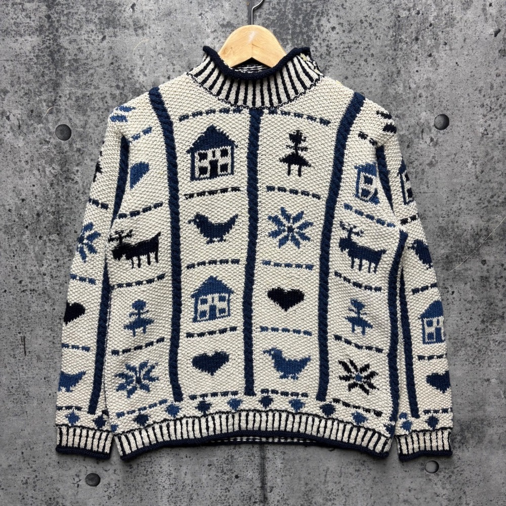 Jones New York Sport Petite Hand Knit Folk Art House Bird Sweater Navy Cream P/S